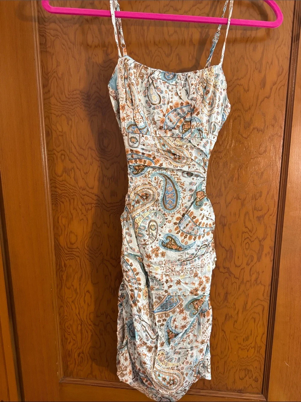 Sky To Moon Paisley Ruched Mini Dress with open back